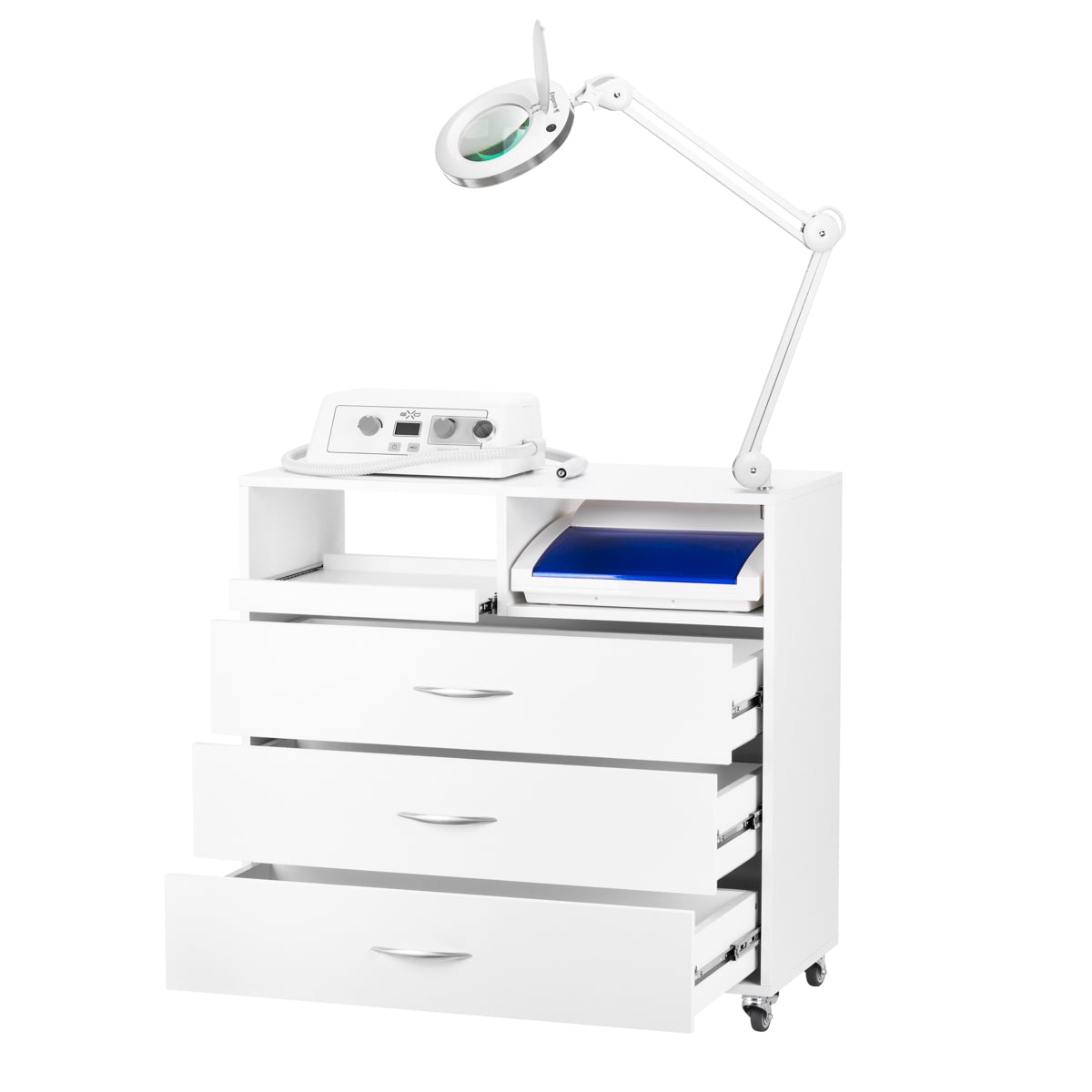 4-I-1 fotvårdsset inkl. rullvagn + arbetslampa + elektrisk slipmaskin EXO PODO LINE m. dammutsug + sterilisator UV-C