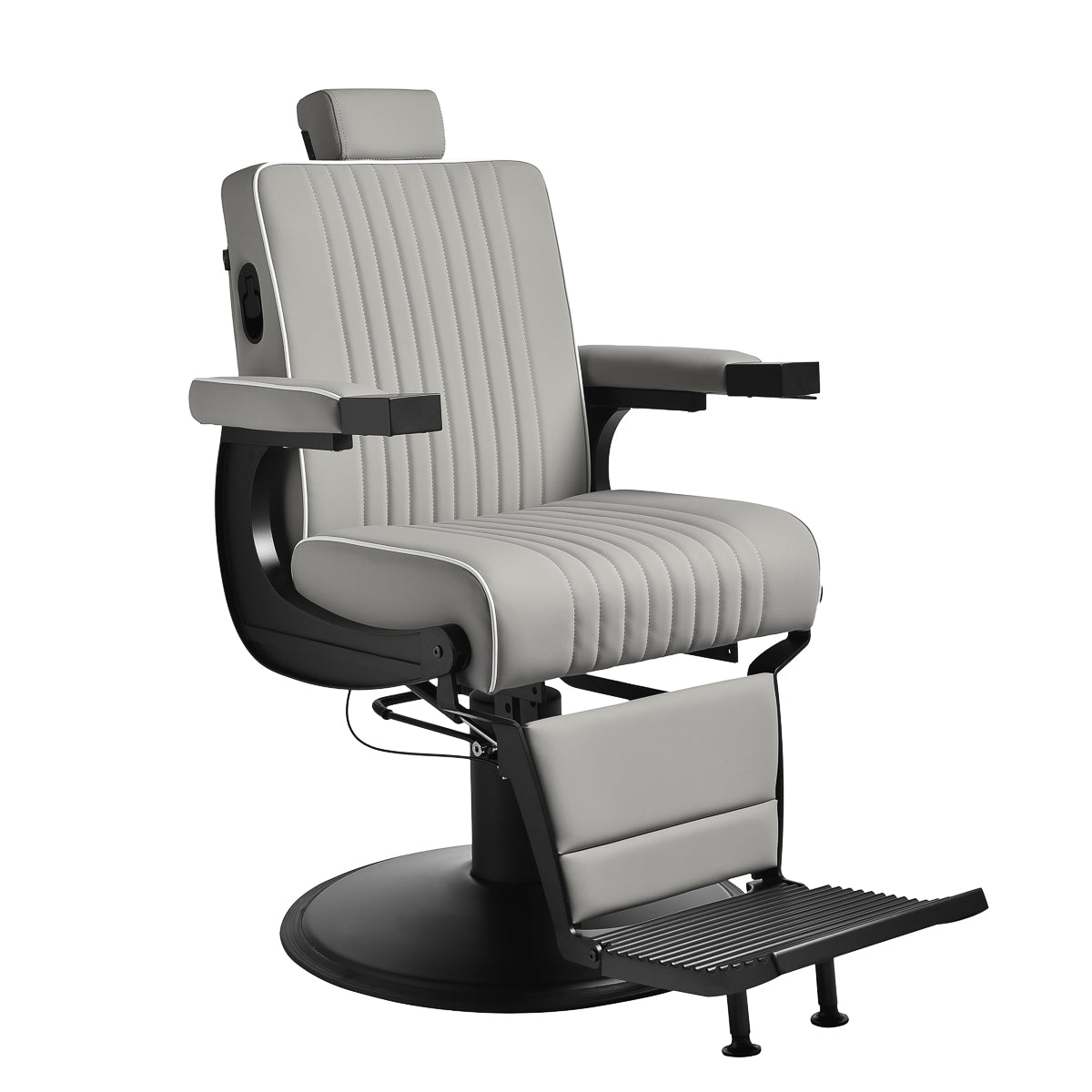Gabbiano Levi barber chair with black frame gray with stitching at the back