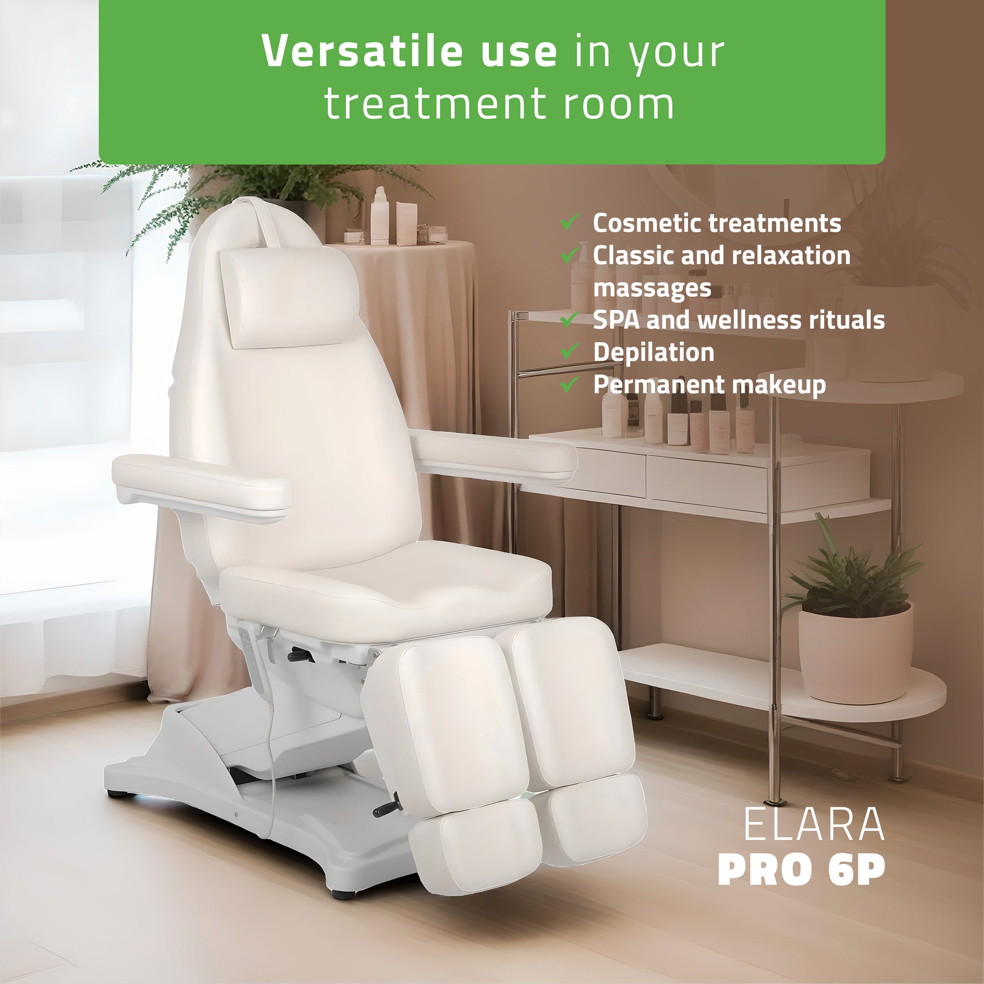 Kosmetisk behandlingsstol, elektrisk Elara PRO 6P, hvid