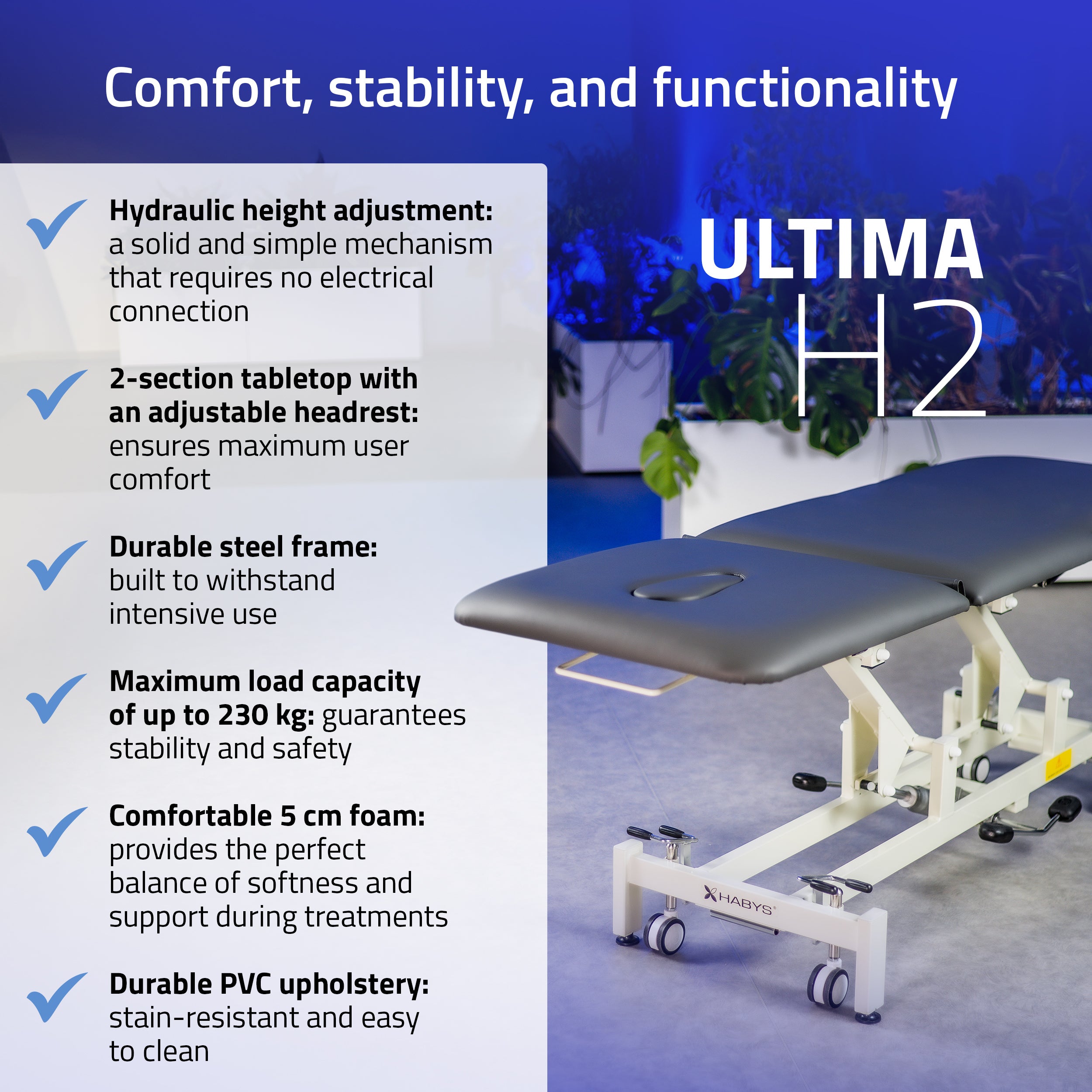 Ultima H2 therapy table, hydraulic adjustment, wheels, PVC gray