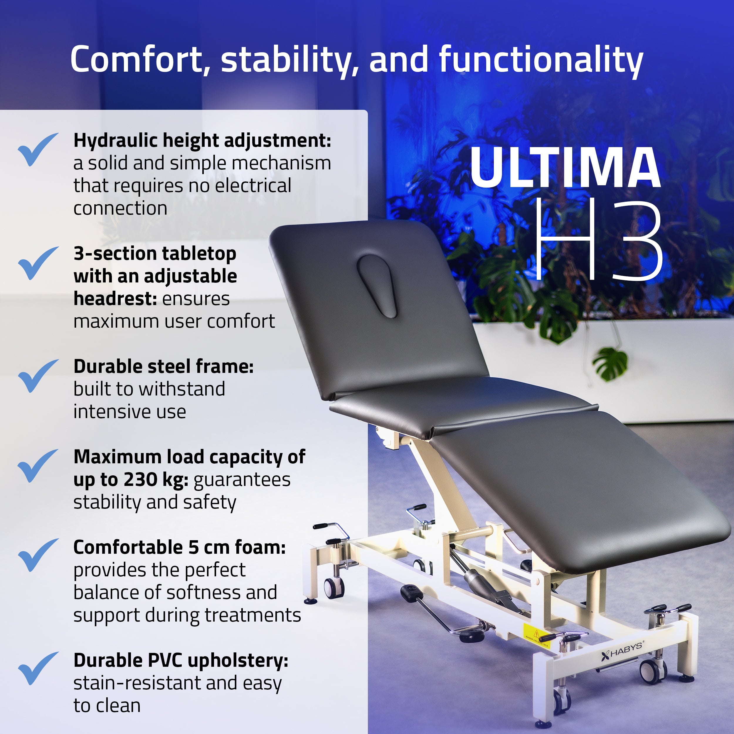 Ultima H3 therapy table, hydraulic adjustment, wheels, PVC gray